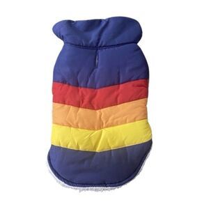 Small Rainbow Chevron Dog Sweater – Color Block Knit with Blue Collar